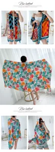 Women summer imitation silk scarf ethnic style geometric tropical leaf beach shawl sun protection