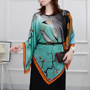 Women's silk-like cape poncho top, summer sun protection floral crane print elegant oversized.
