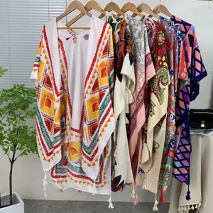 Women Ethnic Style Printed Shawl Twill Cotton Sun Protection Long Scarf Tassel Fringe Outerwear Vacation Beach Wrap