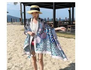 Boho ethnic print beach shawl scarf for women, stylish resort travel wrap and sun protection.