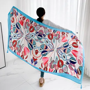 Women boho printed oversized scarf shawl with blue border tassel elegant sun protection wrap