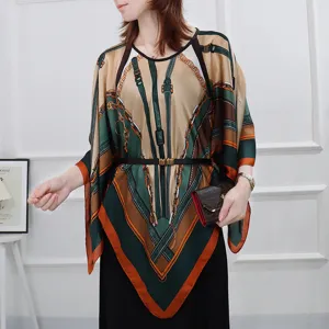 Elegant women's silk-like cape top with luxury chain print, loose sun-protection shawl.