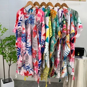 Women tropical floral print kimono cardigan beach cover up sunscreen shawl outerwear