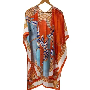 Women summer silk scarf kimono cover-up elegant orange blue geometric print beach shawl cardigan