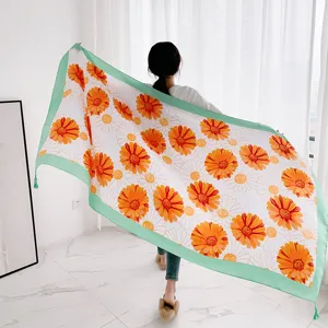 Floral print scarf green border women shawl lightweight sun protection beach wrap summer accessory