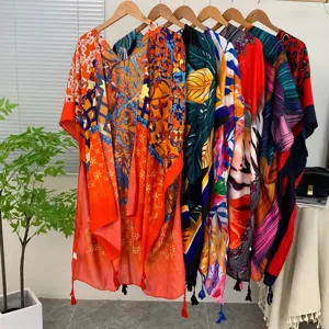 Women boho printed beach cover up summer vacation kimono cardigan sheer shawl lightweight wrap