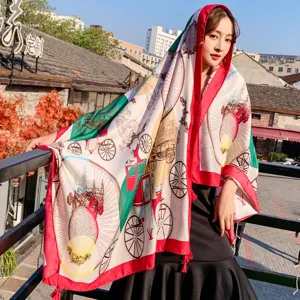 Luxury carriage print silk scarf vintage shawl with red border and fringe for women fashion