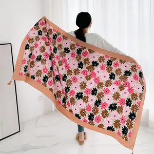 Women vintage floral print cotton linen shawl large scarf fashion accessories for outdoor travel.