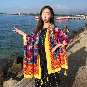 Bohemian ethnic style print sun protection shawl, vibrant tassel beach scarf for women.