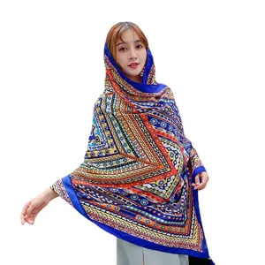 Bohemian ethnic style women shawl cape scarf, vintage geometric print summer sun protection.