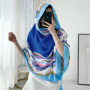 Blue and white imitation silk scarf, elegant ethnic style beach shawl for women summer.