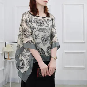 Women imitation silk floral print pullover shawl loose summer sun protection cape top.