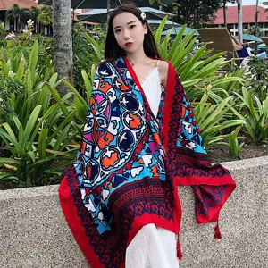 Boho ethnic style sun protection shawl and scarf, vibrant colorful print with chic tassels for reso