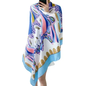 Women large silk scarf ethnic style summer beach shawl sunscreen wrap floral printed foulard