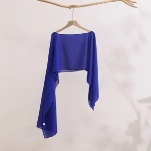 Blue chiffon sun protection shawl, lightweight long sleeve shrug cardigan for summer outfit detail.