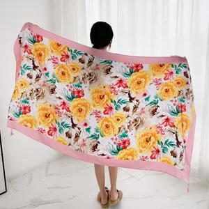 Retro floral cotton linen shawl, thick ethnic style scarf for women, perfect travel sun protection item.