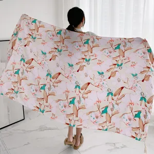 Retro floral print shawl scarf for women, elegant beach sunscreen wrap and photo prop accessory.