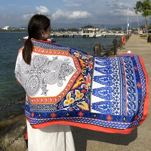 Retro ethnic style printed scarf shawl, versatile travel sunscreen accessory for women.