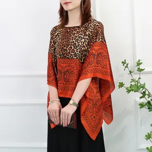 Stylish women's silk-like sun protection shawl pullover top, loose summer floral cape.