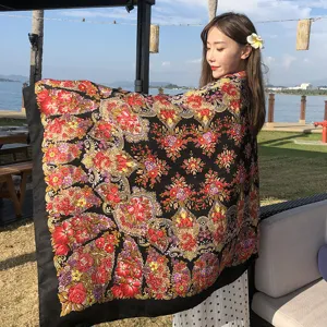 Retro ethnic style floral print large shawl scarf for women, perfect for sun protection and travel.