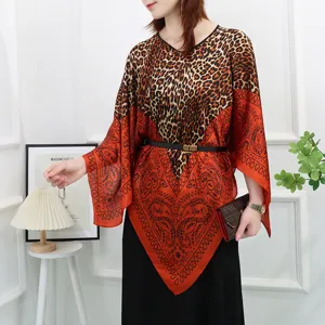 Women leopard print imitation silk poncho casual summer sunscreen shawl loose oversized top