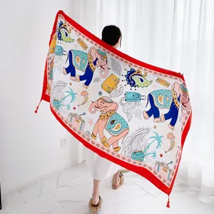 Detailed view of a vintage ethnic style cotton linen scarf featuring elephants and travel prints.