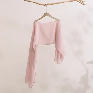 Lightweight pink chiffon sun protection shawl, elegant long sleeve summer cover up cardigan top.