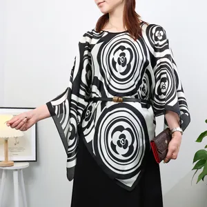Black and white floral print loose batwing sleeve chiffon blouse for women summer top