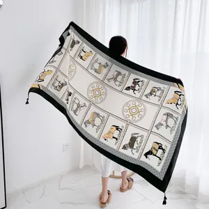 Vintage equestrian horse print scarf with tassel trim elegant shawl for women daily wear