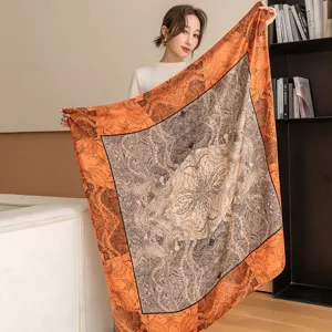Silk feel square scarf for women, elegant camellia print large fashion neckerchief 110cm.