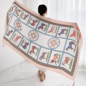 Vintage equestrian print shawl, elegant horse scarf design for women, stylish accessory.