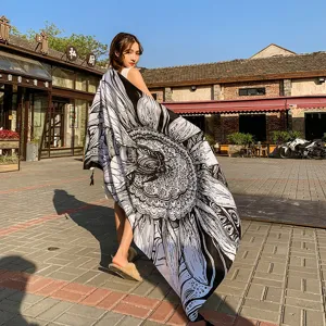 Retro ethnic style black and white floral print shawl, thick cotton linen scarf for women.