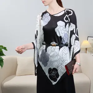 Women silk-like cape blouse summer floral oversized poncho casual elegant beach cover up top