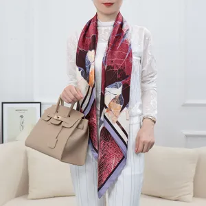 Close-up detail of women's floral printed large square scarf, elegant spring silk accessory.