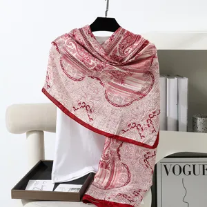 Sciarpa in seta con stampa Paisley rossa e bianca, leggero scialle estivo lungo ed elegante.