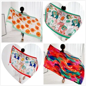 Women Ethnic Style Floral Print Scarf Lightweight Soft Tassel Shawl Sun Protection Beach Scarf Fashion Accessories