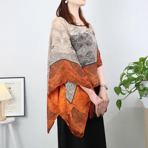 Summer imitation silk pullover shawl blouse, loose plus size artistic geometric print sun shirt.