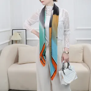 Luxury multi-color gradient silk square scarf for women, stylish sun protection neck wrap.