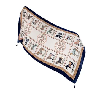 Elegant women's silk scarf featuring classic equestrian horse and belt print with navy border.