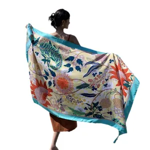 Women silk scarf large floral shawl vintage style elegant turquoise border wrap