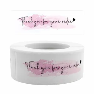 Roll of pink watercolor thank you sealing stickers 1x3 inch for envelope decoration detail