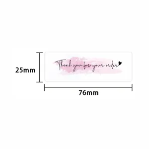 Detailed view of pink watercolor thank you label sticker showing exact product size dimensions.