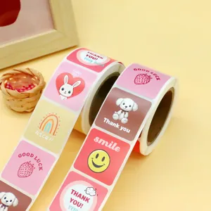 Thank You Sticker Roll Art Paper Self Adhesive Label Cute Cartoon Floral Design For Bakery Gift Packaging Sealing Decor