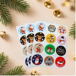 Detail view of colorful Christmas round sealing stickers with cute cartoon patterns.
