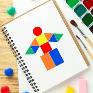 Colorful geometric shape stickers detail view for kindergarten art DIY craft decoration project.
