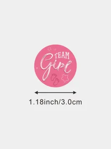 Round gender reveal sticker with team girl text, pink baby shower party label 3cm.