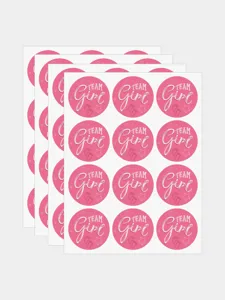Round gender reveal stickers with team girl text and footprints, perfect for party decoration.