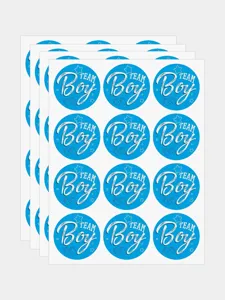 Gender reveal blue round sticker sheet with team boy text and cute baby footprints for party.