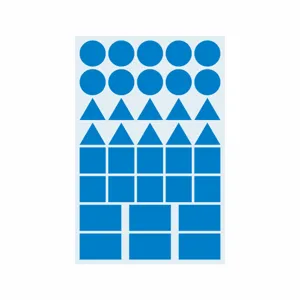 Detail view of blue geometric adhesive stickers, showing circles, triangles and squares.