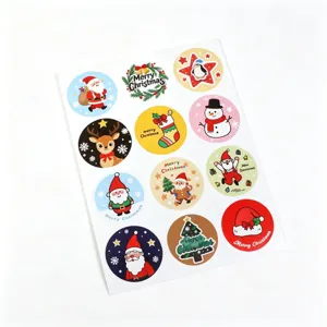 Christmas sticker sheet detail view showing various cute cartoon holiday designs and patterns.